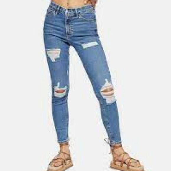 EUC TOPSHOP MOTO JAMIE SUPER DISTRESSED HIGH WAIST SKINNY JEANS SIZE 25 - Picture 1 of 8
